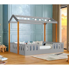 Cama de Criança Infantil Montessoriana Ágatha Casal com Led Cinza/amêndoa