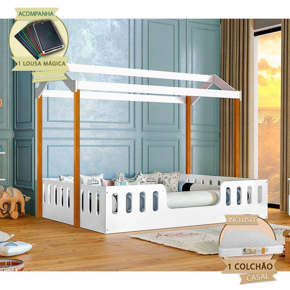 Cama com Colchão Montessoriana Casal Infantil Ágatha Branco/amêndoa Incluso Lousa Mágica