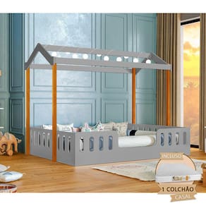 Cama Infantil Montessoriana Ágatha Casal com Led e Colchão Cinza/amêndoa