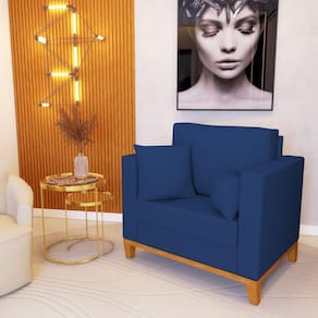 Poltrona Beny Decorativa Com 2 Almofadas Veludo Azul Base Em Madeira Maciça - Cor: Azul