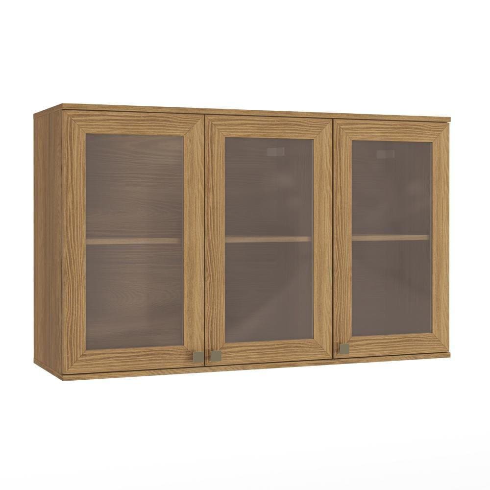 Armário Aéreo Celeste Kappesberg 100% MDF 3 Portas com Vidro Nogueira 120cm