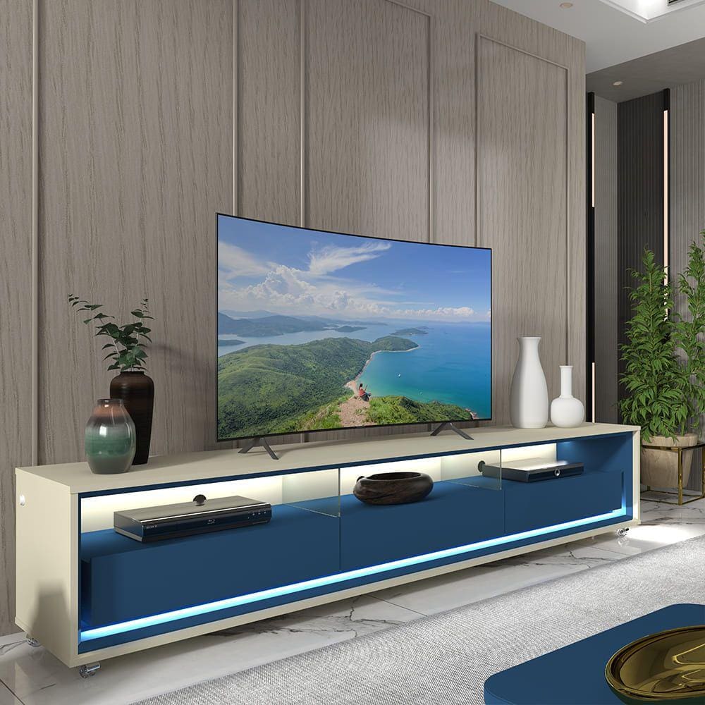 Rack para TV Requinte 212 com LED Rodízios Off White Azul Royal - Gelius