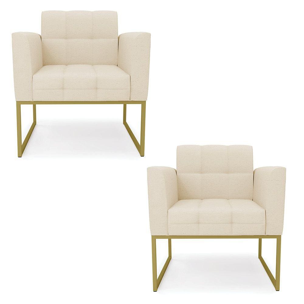 Kit 2 Poltronas Elisa Linho Bege A19 Base Metálica Industrial Dourada - D`Rossi