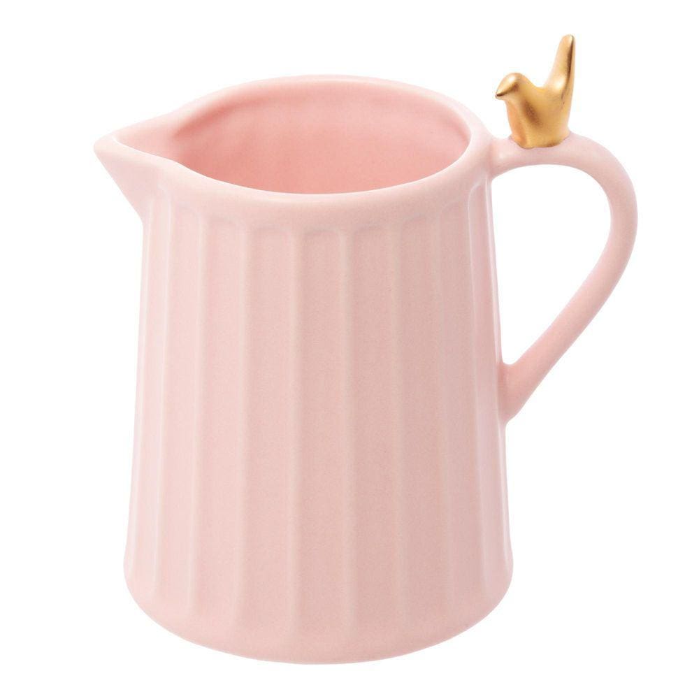 Leiteira De Cerâmica Com Pássaro Colibri Dourado 200Ml Rosa