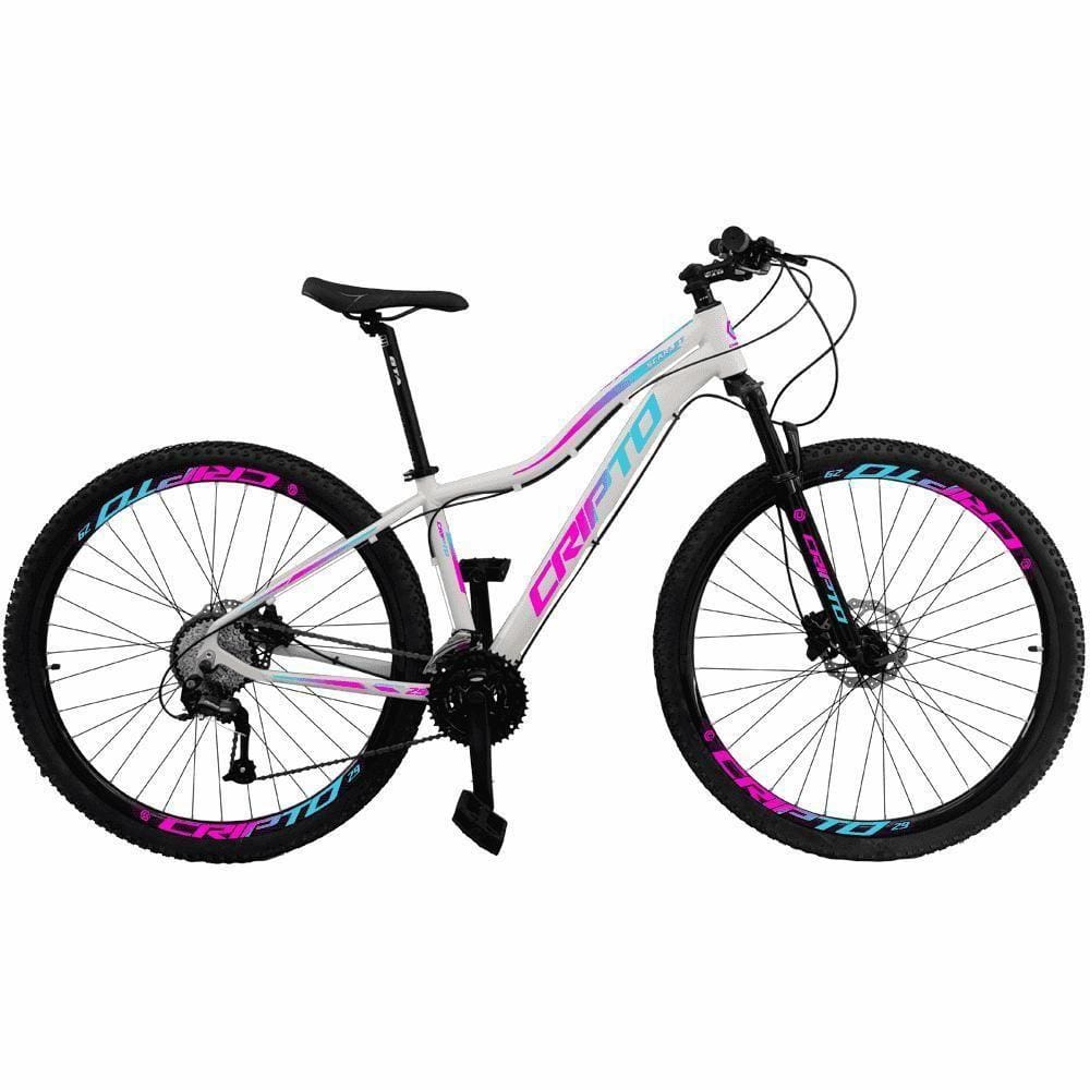 Bicicleta Aro 29 Cripto 27v Shimano Fr. Hidraulico Trava K7 - 17” Branco-Azul E Rosa