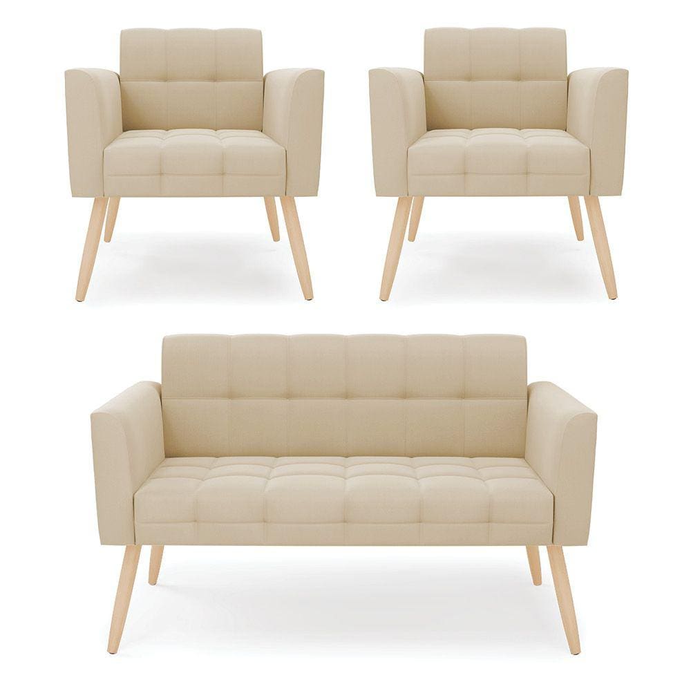 Kit 1 Sofá Namoradeira e 2 Poltronas Elisa Suede Bege Pés Palito Natural - D`Rossi