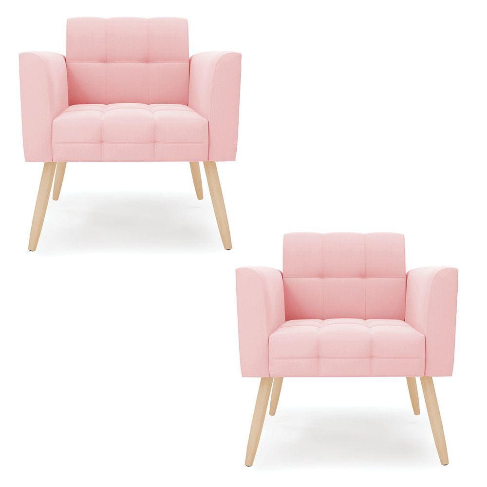 Kit 2 Poltronas Elisa Suede Rosa Bebê Pés Palito Natural - D`Rossi