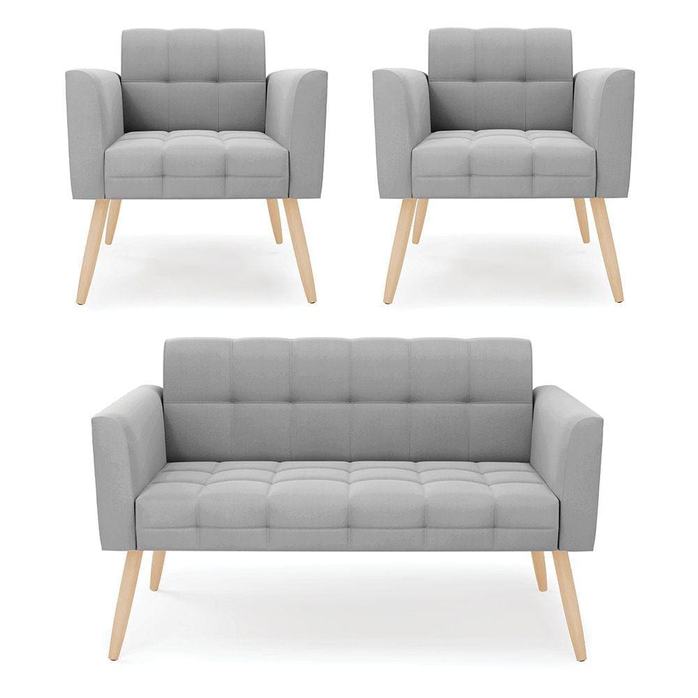 Kit 1 Sofá Namoradeira e 2 Poltronas Elisa Suede Cinza Pés Palito Natural - D`Rossi