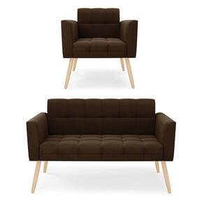 Kit 1 Sofá Namoradeira e 1 Poltrona Elisa Suede Marrom Pés Palito Natural - D`Rossi