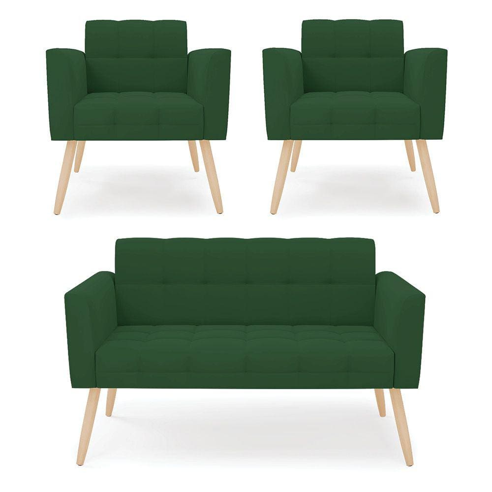 Kit 1 Sofá Namoradeira e 2 Poltronas Elisa Veludo Verde Pés Palito Natural - D`Rossi