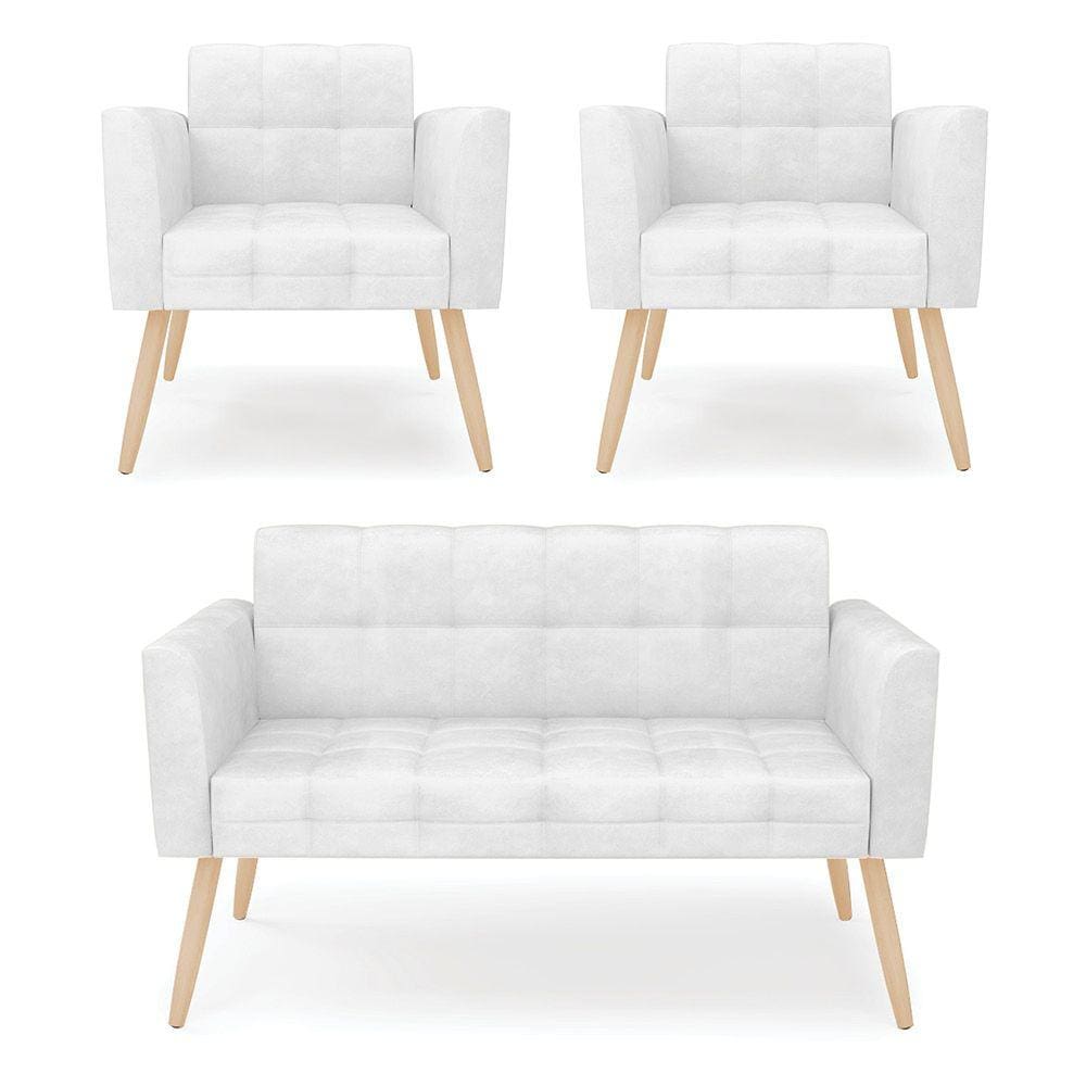 Kit 1 Sofá Namoradeira e 2 Poltronas Elisa Corano Branco Pés Palito Natural - D`Rossi