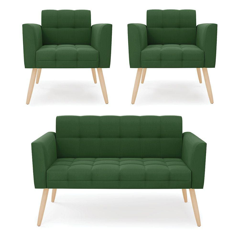 Kit 1 Sofá Namoradeira e 2 Poltronas Elisa Suede Verde Pés Palito Natural - D`Rossi