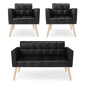 Kit 1 Sofá Namoradeira e 2 Poltronas Elisa Corano Preto Pés Palito Natural - D`Rossi