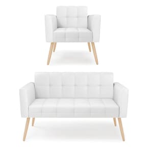 Kit 1 Sofá Namoradeira e 1 Poltrona Elisa Corino Branco Pés Palito Natural - D`Rossi