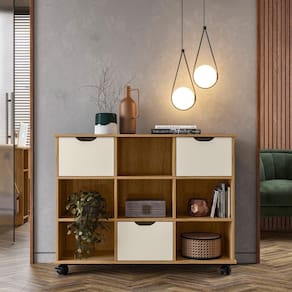 Nicho Organizador c/ Rodízios Freijó e 03 Gavetas Off White Qmovi