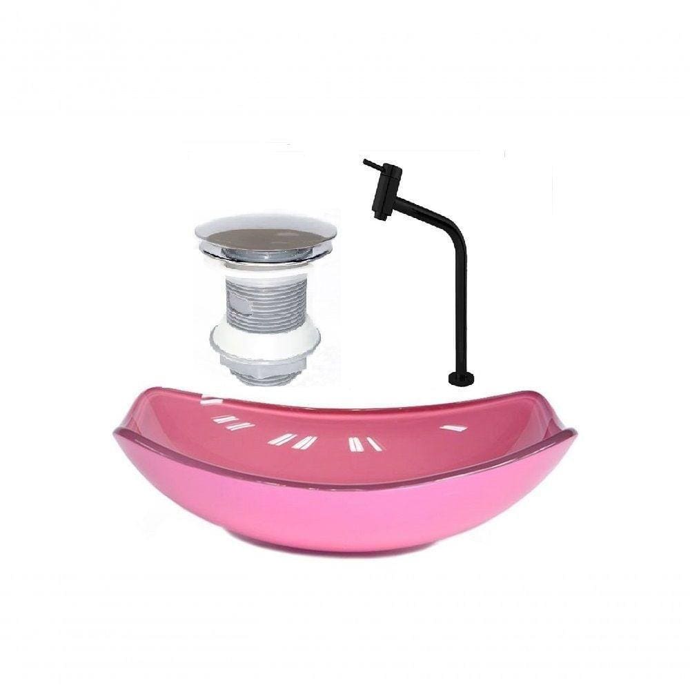 Cuba de Vidro Oval 46cm Rosa + Valvula + Torneira Preta