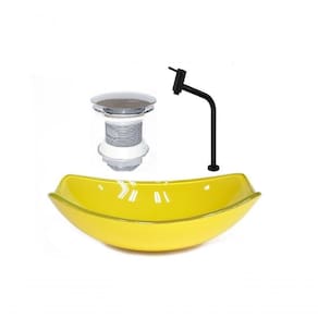 Cuba de Vidro Oval Chanfrada 51cm Amarela + Valvula + Torneira Preta