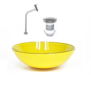 Cuba de Vidro 42cm Amarela + Valvula + Torneira Cromada