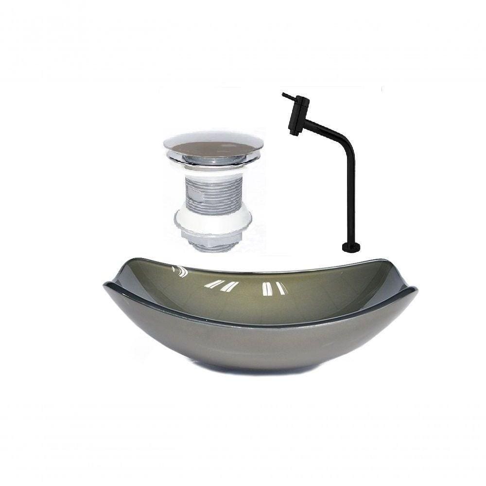 Cuba de Vidro Oval 51cm Ouro + Valvula + Torneira Preta