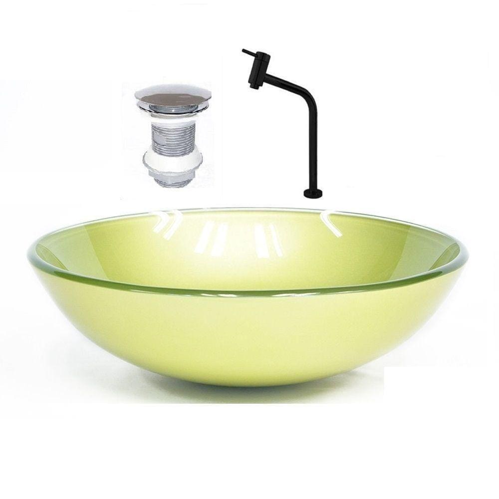 Cuba de Vidro Redonda 35cm Verde + Valvula + Torneira Preta
