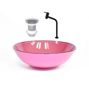 Cuba de Vidro Redonda 35cm Rosa + Valvula + Torneira Preta