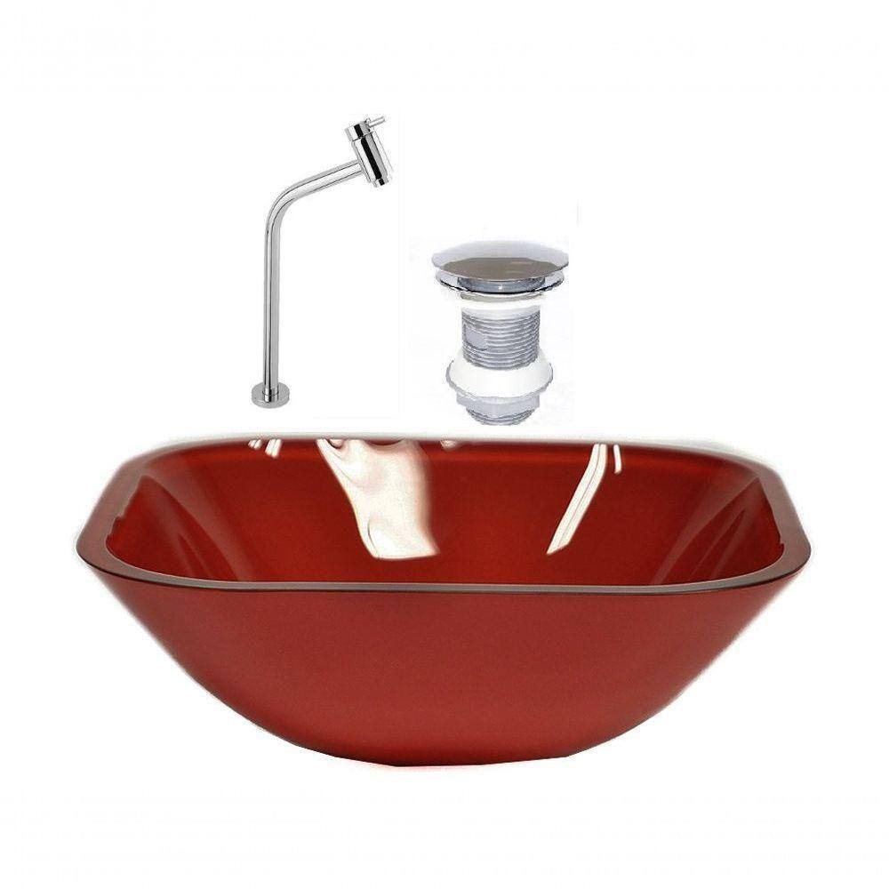 Cuba de Vidro Quadrada 35cm Vermelho + Valvula + Torneira