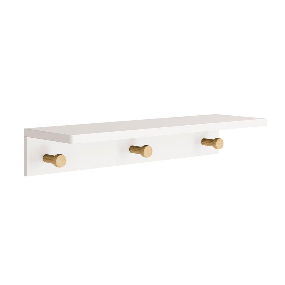 Prateleira Bia com Cabideiro Branco Fosco e Madeira Natural - 66cmx19cmx11cm