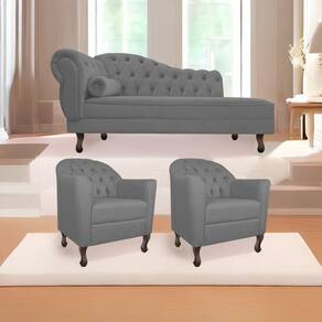 Kit Diva Recamier Diana 160Cm Lado Direito E 02 Poltronas Julia Suede - Doce Sonho Móveis Cinza