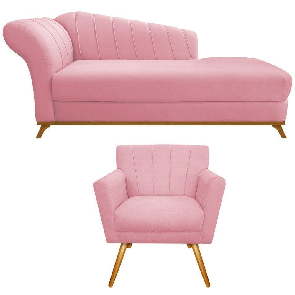 Kit Diva Recamier Vanessa 140cm Lado Direito E 01 Poltrona Laura Suede Cor Rosa Bebê