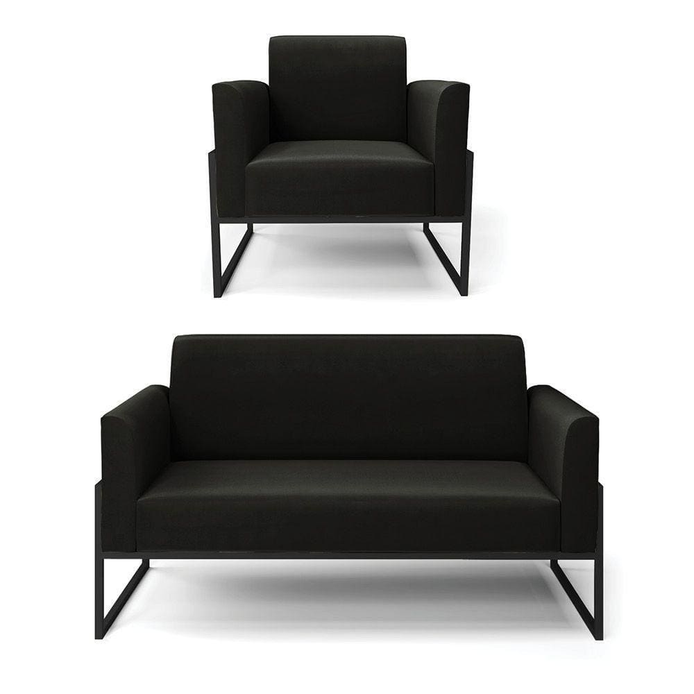 Sofá Namoradeira Com Poltrona Base Industrial Alta Preto Marisa Suede Preto D03 - D\`rossi