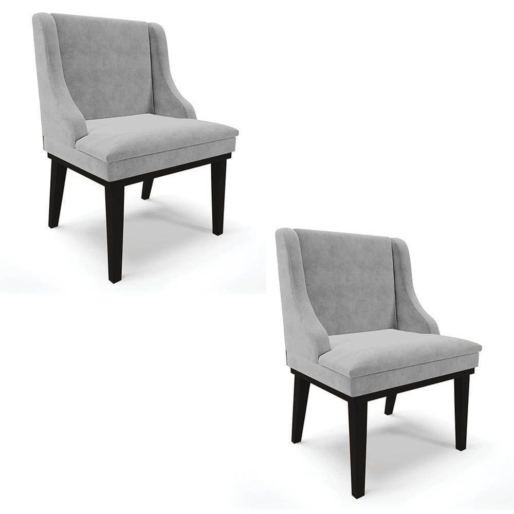 Kit 2 Cadeiras Estofadas Para Sala De Jantar Base Fixa De Madeira Preto Lia Suede Cinza - Ibiza