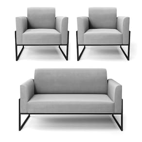 Sofá Namoradeira Com 2 Poltronas Base Industrial Alta Preto Marisa Suede Cinza D03 - D\`rossi