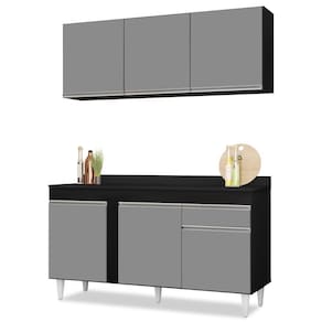 Armário Aéreo Argélia E Balcão Gabinete Para Pia Com Tampo 150Cm Dakota Preto/Cinza - Lumil