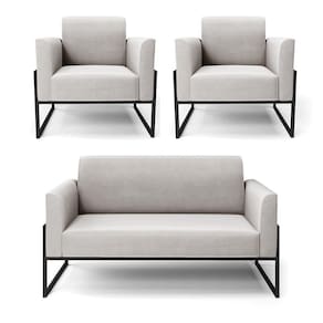 Sofá Namoradeira Com 2 Poltronas Base Industrial Alta Preto Marisa Veludo D03 - D\`rossi Cor Cinza