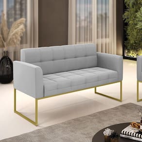 Sofá Namoradeira Elisa Suede Cinza Base Metálica Industrial Dourada - D`rossi