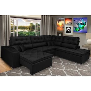 Sofa De Canto Retrátil E Reclinável Com Molas Cama Inbox Platinum 3,40x2,36 Tecido Suede Preto