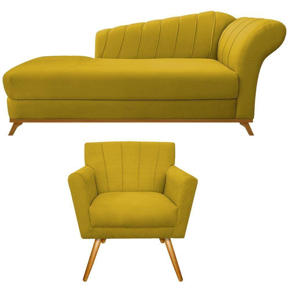Kit Diva Recamier Vanessa 140cm Lado Esquerdo E 01 Poltrona Laura Suede Cor Amarelo