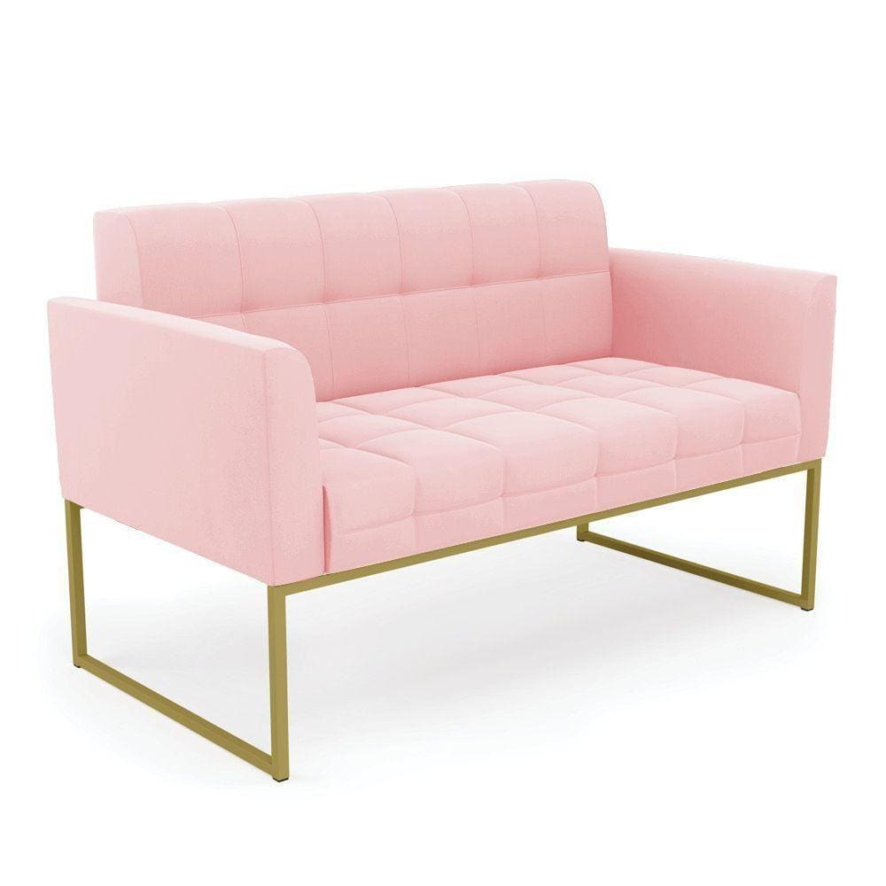 Sofá Namoradeira Elisa Suede Rosa Bebê Base Metálica Industrial Dourada - D`rossi