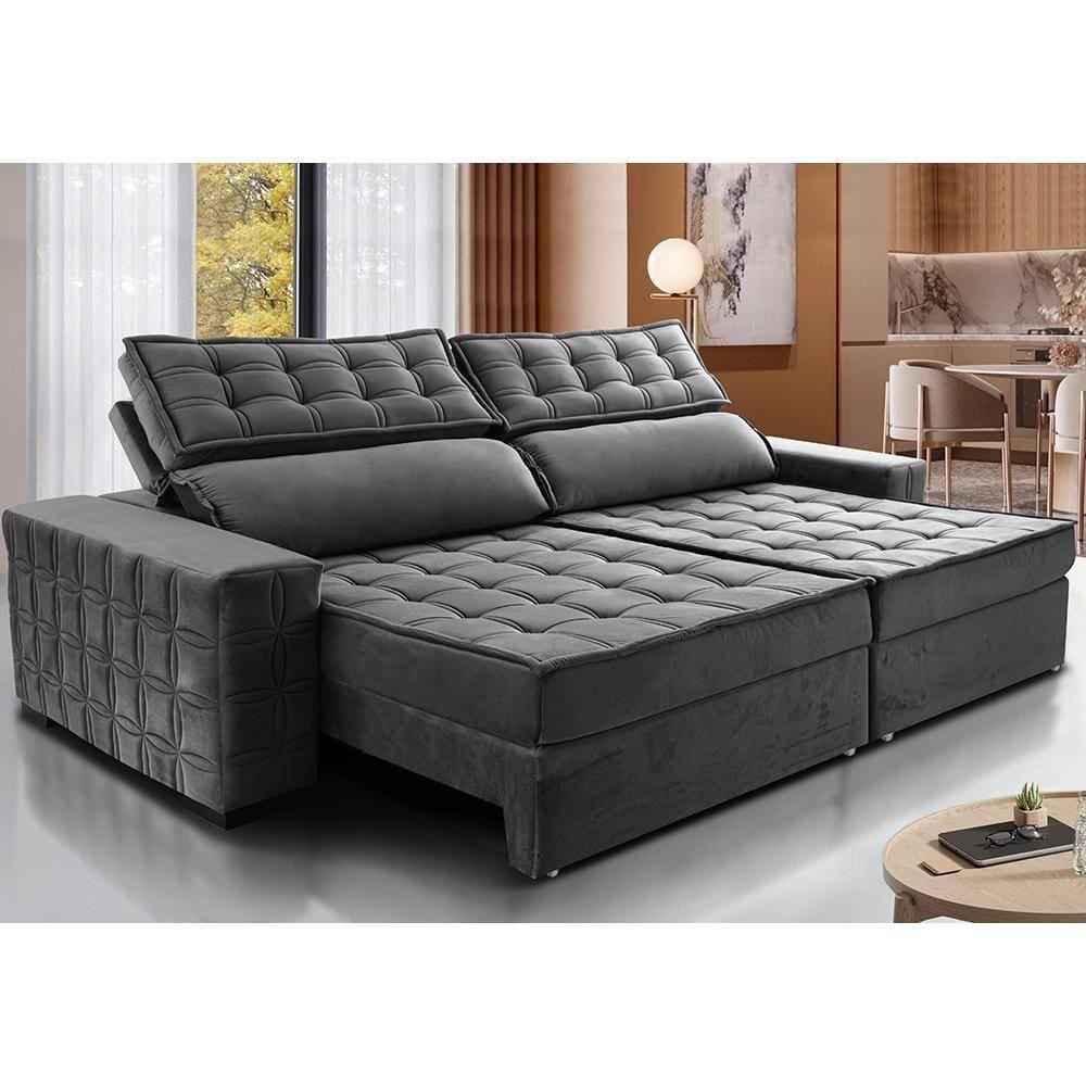 Sofá Retrátil E Reclinável 3,15M Cama Inbox Big Star Com Softgel D40 Velupluma Cinza