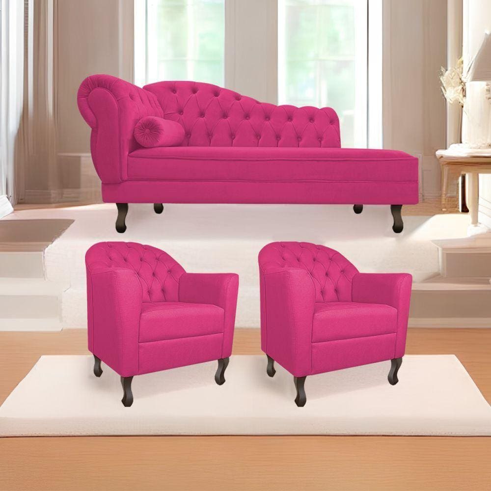Kit Diva Recamier Diana 160Cm Lado Direito E 02 Poltronas Julia Suede - Doce Sonho Móveis Pink