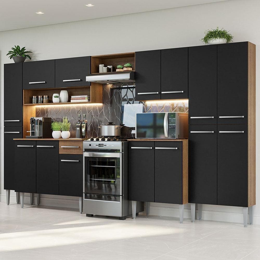 Armário De Cozinha Completa 325cm Rustic/preto Emilly Madesa