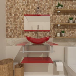 Gabinete De Vidro 45cm C/Cuba Oval Vermelho +Torneira Metal