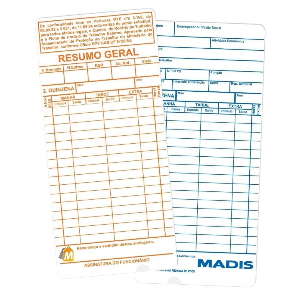 Cartão De Ponto Madis Md 402 Térmico P/ Relógio C/50 Cartões