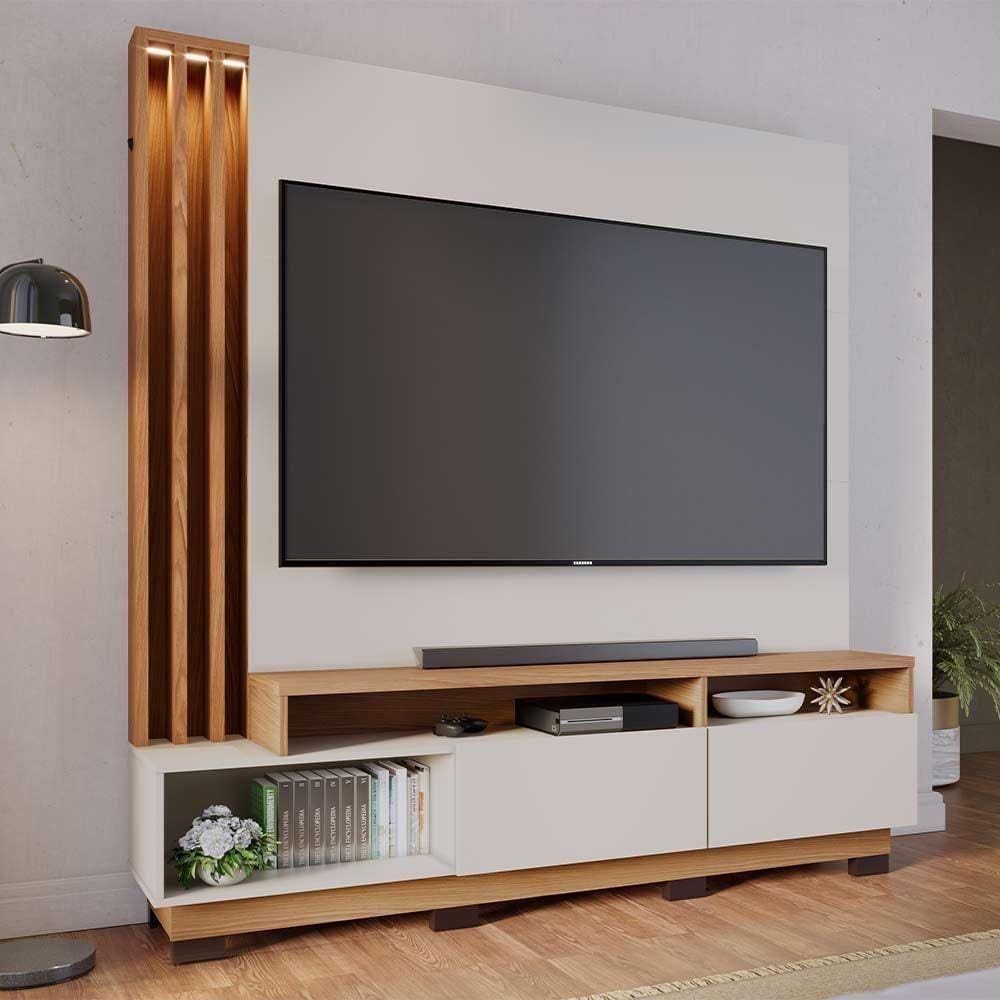 Estante Home Sala De Estar 180Cm Filipina Led Off White/Freijó G73 - Gran Belo