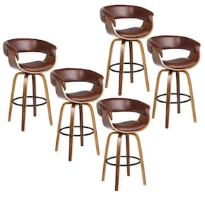 Kit 5 Banquetas Giratória Alta Com Encosto Base Madeira Ravi R02 Pu Marrom - Mpozenato
