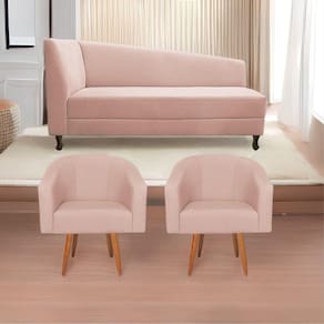 Kit Diva Recamier Heitor 140Cm Lado Direito E 02 Poltronas Luiza Suede - Doce Sonho Móveis Rosê