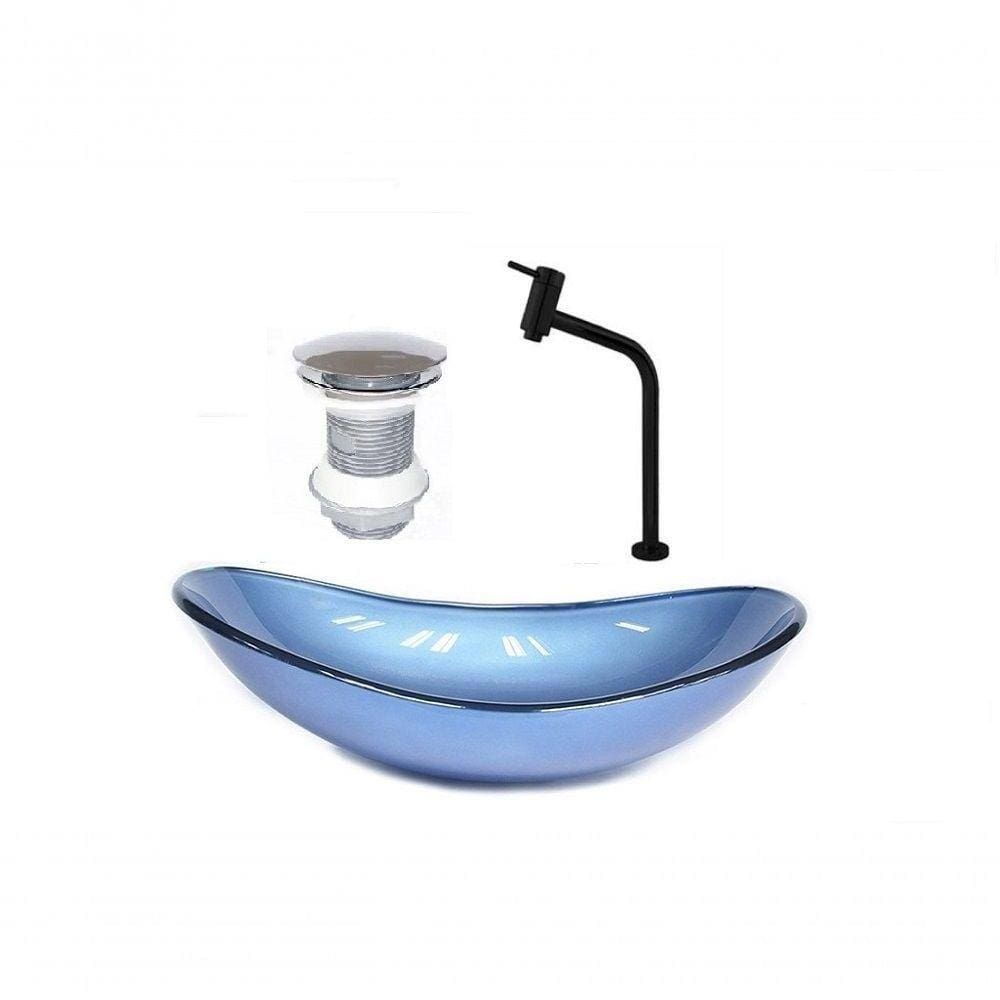 Cuba de Vidro Oval 55cm Azul + Valvula + Torneira Preta