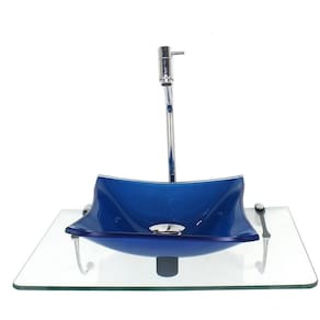 Kit Cuba Vidro 10mm Azul Escuro Tampo 50cm Incolor Torneira