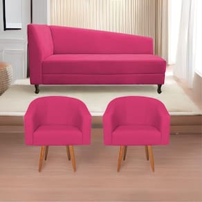 Kit Diva Recamier Heitor 160Cm Lado Direito E 02 Poltronas Luiza Suede - Doce Sonho Móveis Pink