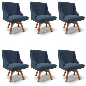 Kit 6 Cadeiras Estofadas Base Giratória De Madeira Lia Suede Azul Marinho - Ibiza